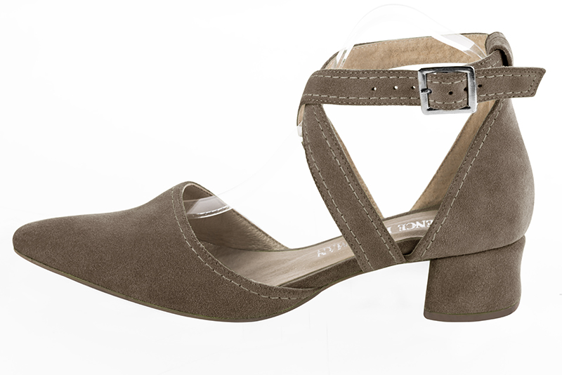 Taupe brown women's open side shoes, with crossed straps. Tapered toe. Low flare heels. Profile view - Florence KOOIJMAN